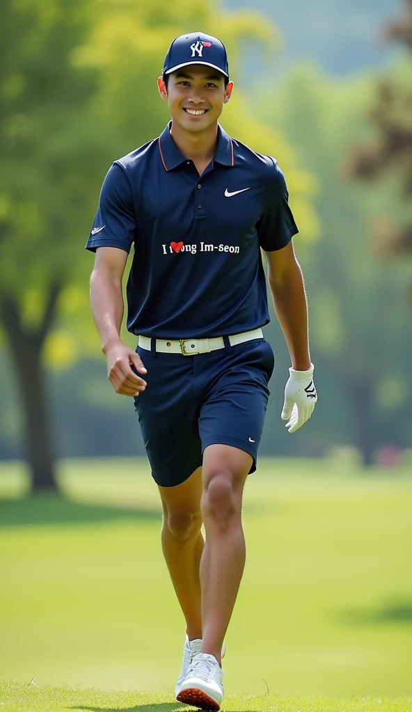 Make a picture of a handsome Korean male golf player, The shoes are Nike, The hat is Nike, Make me a pair of Nike shorts, Make a view of me walking towards you, bust shot, Make your eyes clearer,