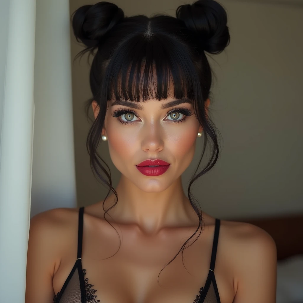 beautiful 19 year old woman ig model, latina,  ,grey eyes , the most beautiful woman in existence, influencer, perfect body posing in sexy clothes,in a minimalist room the most beautiful face of a woman, black hair, two buns and straight bangs,bright pupils, naughty face, red lips, hyperrealism, depth of field, UHD, masterpiece, high details, highres boudoir photography



