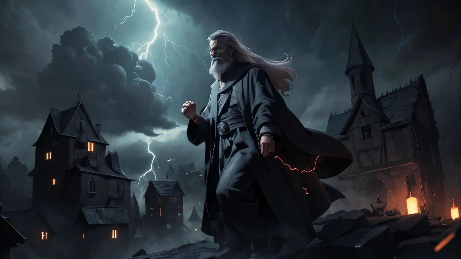An old,(menacing sorcerer with long grey hair and grey beard), a dark robe, and glowing eyes stands on a high cliff overlooking a terrified village. The sky above is stormy with dark clouds swirling and crackling with lightning. Ghostly spirits hover menacingly in the air around him, drifting toward the village below. The sorcerer, with his hands raised, looks powerful and sinister as the villagers run in fear from the unleashed storms and spirits (detailed face) (ultrarealistic) (8k, best quality)