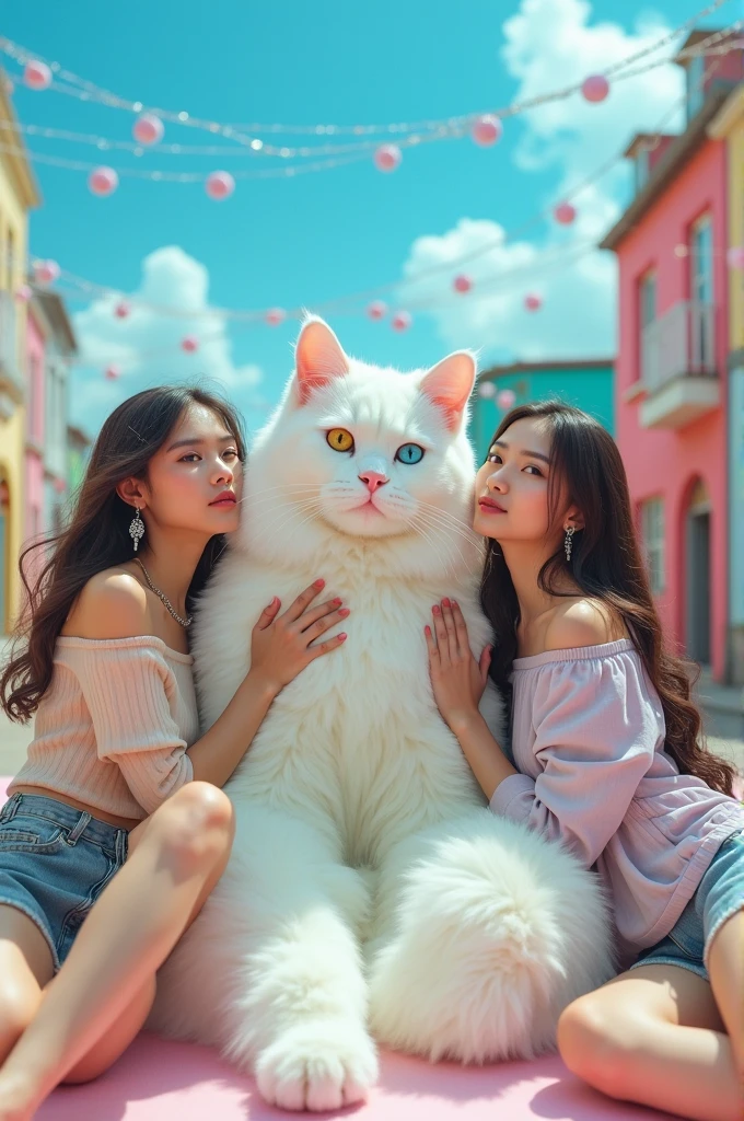 I'm taking photos for a new concept album. Create a girl group concept photo with a giant white cat with two-colored eyes