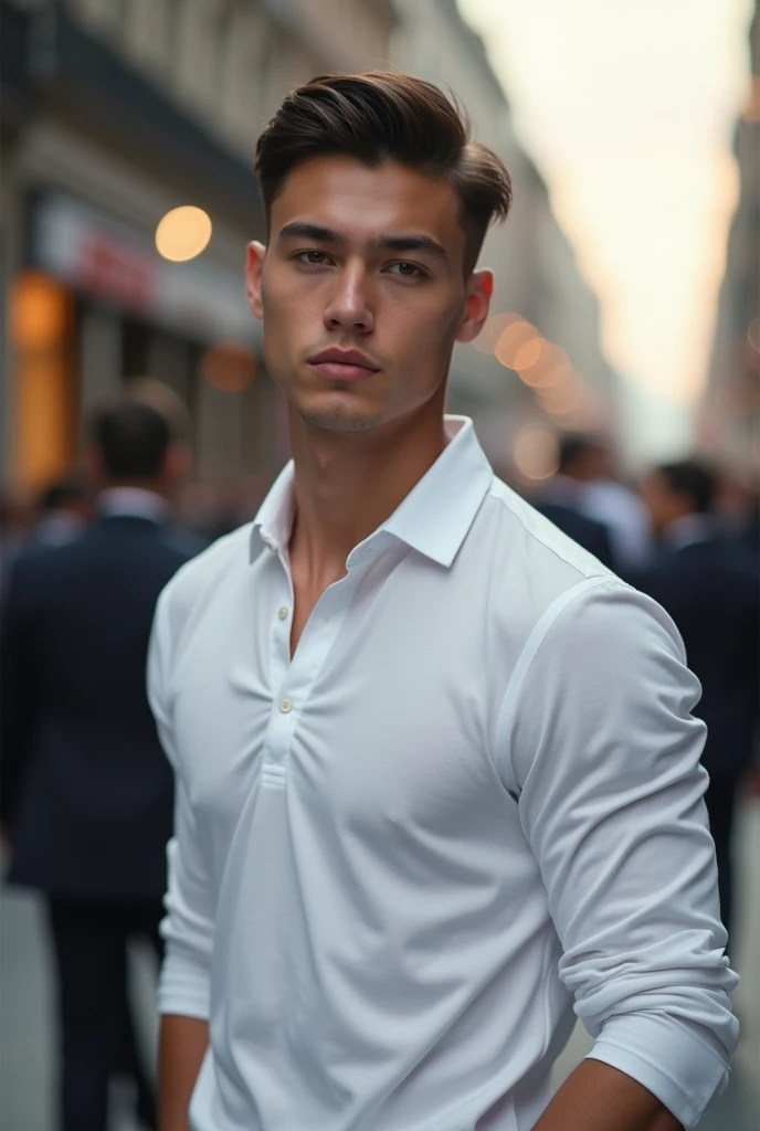 I man with young looking face but mature at the same time with his middle part hair pair with his long sleeved polo and black trouser pants and tall, handsome about 19 of age maybe 6foot tall, white skin tone, flawless, two block middle part taper fade hair long, with thin masculine body