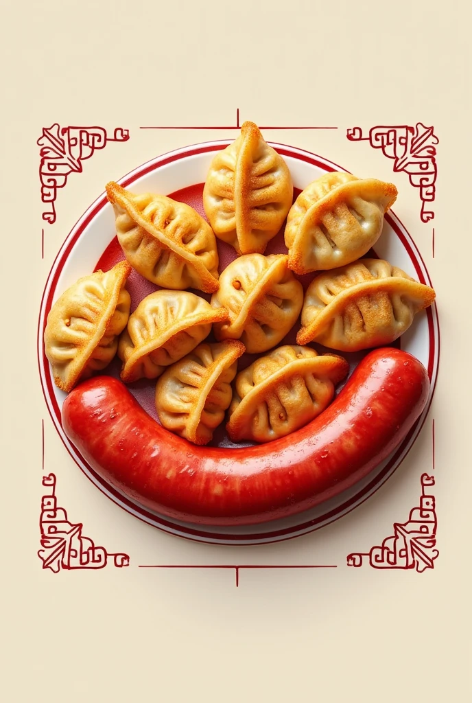 请设计一个适合用在主营锅贴和哈尔滨红肠店铺的牌匾上的logo图 要求是用锅贴和红肠的实物图 并且要有设计感 用在牌匾上 引人注目 好看 Please highlight the potstickers and red sausage. The red sausage should be whole. 并且锅贴数量多一点
其中 锅贴中国著名传统小吃，belongs to the category of pan-fried, braised and filled food。exquisite workmanship，delicious taste。the bottom of the pot sticker is deep，Crisp，soft and tough dough，delicious filling。
Harbin red sausage is a type of red sausage that originated in countries such as，Using pork、starch、sausage made with garlic and other materials。named because of its red color。The taste is mellow、tasty。
please use real pictures of pot stickers and red sausage！Please highlight the potstickers and red sausage. The red sausage should be whole.！！！！Whole red sausage！And the amount of red sausage is a little more！