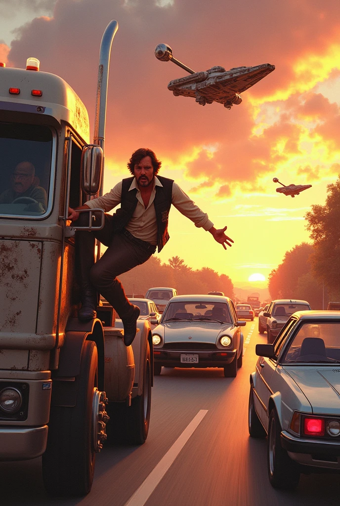 Ah, the infamous 405 freeway—the bane of many a galactic traveler! 🚀🛣️
Picture this: The Millennium Falcon, sleek and battle-worn, wedged between a semi-truck hauling Wookiee-sized cargo and a speeder bike with a malfunctioning hyperdrive. Han Solo, leaning out the cockpit window, gestures wildly at the droids.