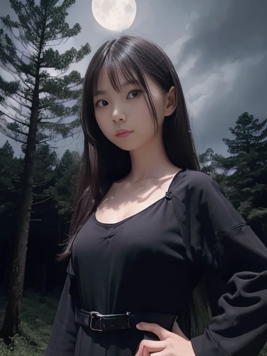 Japanese female, (underweight), (flat chest best quality:1.5), 30 years old,
forest, standing, (hands on hips), (dark dress:1.2), in the forest, (standing on top of a tree:1.3), (in the sky), (with a tree), (dark atmosphere:1.4), long shot, moonlight
