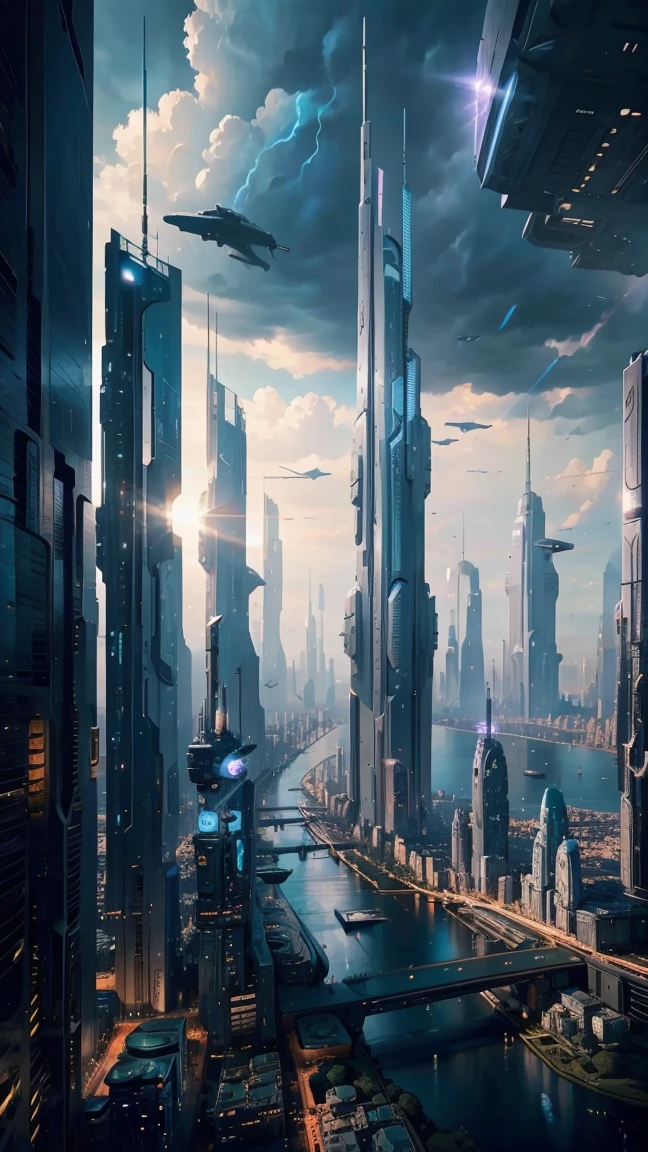 Future city seen from an airplane:1.5,thunder:1.4,port,flying spaceship,skyscraper,master piece,highest quality,ultra high resolution,(Super detailed:1.2),8K,photorealistic,best aesthetic,beautiful