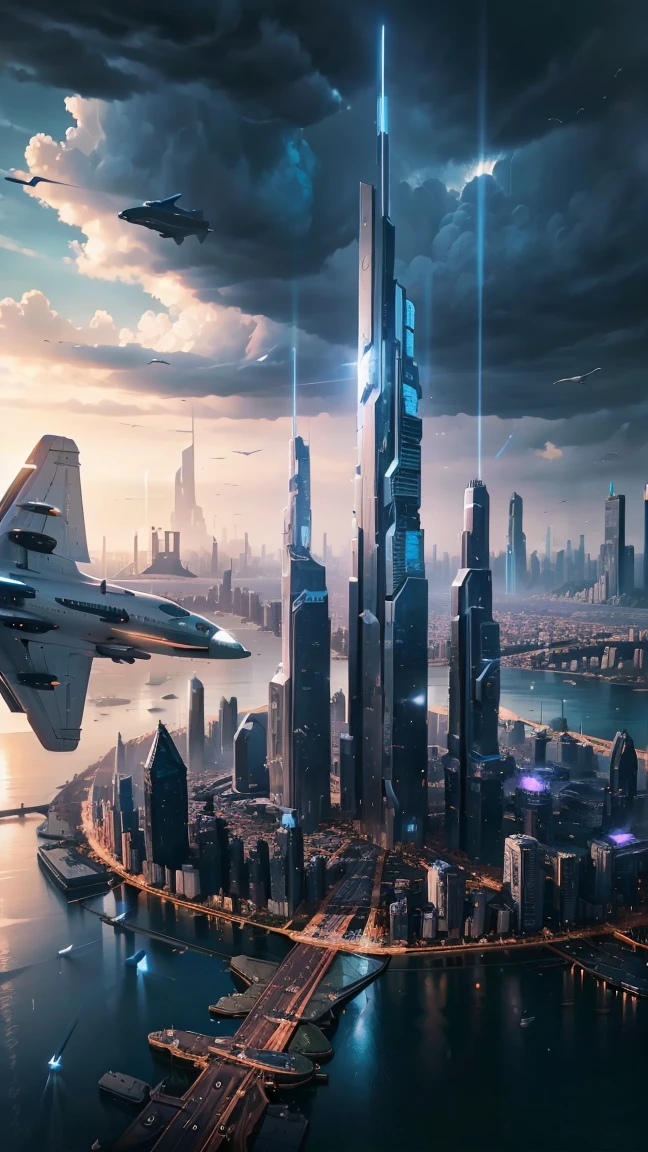 Future city seen from an airplane:1.5,thunder:1.4,port,flying spaceship,skyscraper,master piece,highest quality,ultra high resolution,(Super detailed:1.2),8K,photorealistic,best aesthetic,beautiful