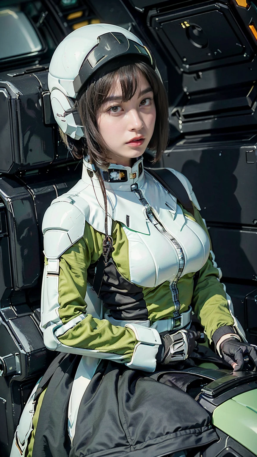 Best image quality, Excellent details, Ultra-high resolution, (realism: 1.4), Best illustrations, Favorite Details, A very condensed one, Delicate and beautiful features, Wearing a black and green mech, Wearing a mecha helmet, Hold the directional controller, Riding on motorcycle, The background is a futuristic city high tech lighting scene, Beautiful breasts, Breast bag