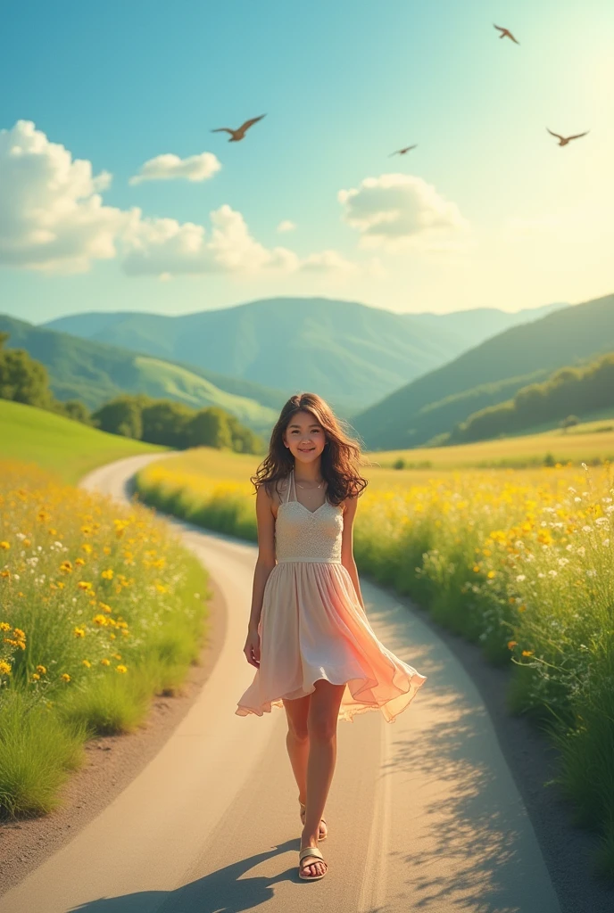 Create an image of a standing confidently on a picturesque road. She should have a youthful and vibrant appearance, with a radiant smile and a natural, carefree demeanor. Her outfit should be stylish and fitting for her age—perhaps a trendy, casual outfit like a flowy dress or a chic top with jeans. She could be accessorized with subtle jewelry or a fashionable hat.
The background should feature a stunning, scenic road winding through a picturesque landscape. The road should be flanked by lush, green meadows or fields, with a backdrop of rolling hills or distant mountains. The sky should be clear and bright, with the sun casting a warm, golden light over the scene. Add details like wildflowers along the roadside, and maybe a few birds flying in the sky, to enhance the serene and beautiful atmosphere of the setting