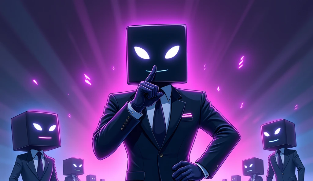 Create an anime-style image featuring three apps. The 'Blurrr' app is in the center, dressed in a black suit, striking a commanding pose with one finger on its lips, signaling the other two apps to be quiet. The 'CapCut' and 'Alight Motion' apps are shown in one corner, huddled together, appearing nervous and fearful, as if they are cornered. They should be large and prominent in the thumbnail. The faces of the apps should be simple squares or circles to allow for easy logo placement. Use a gradient background to highlight the central figure of the 'Blurrr' app and its intimidating stance."