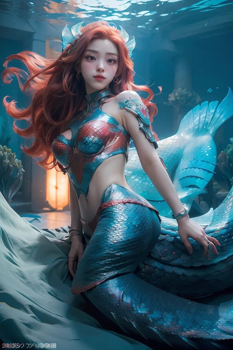 ((masterpiece, best quality, extremely detailed), volumetric lighting, ambient occlusion, colorful, glowing), 1girl, solo, young girl, (red hair), long hair, goddess, cyber suit, (mermaid design:1.3), outdoors,under the sea, , (cyberpunk theme:1.2),