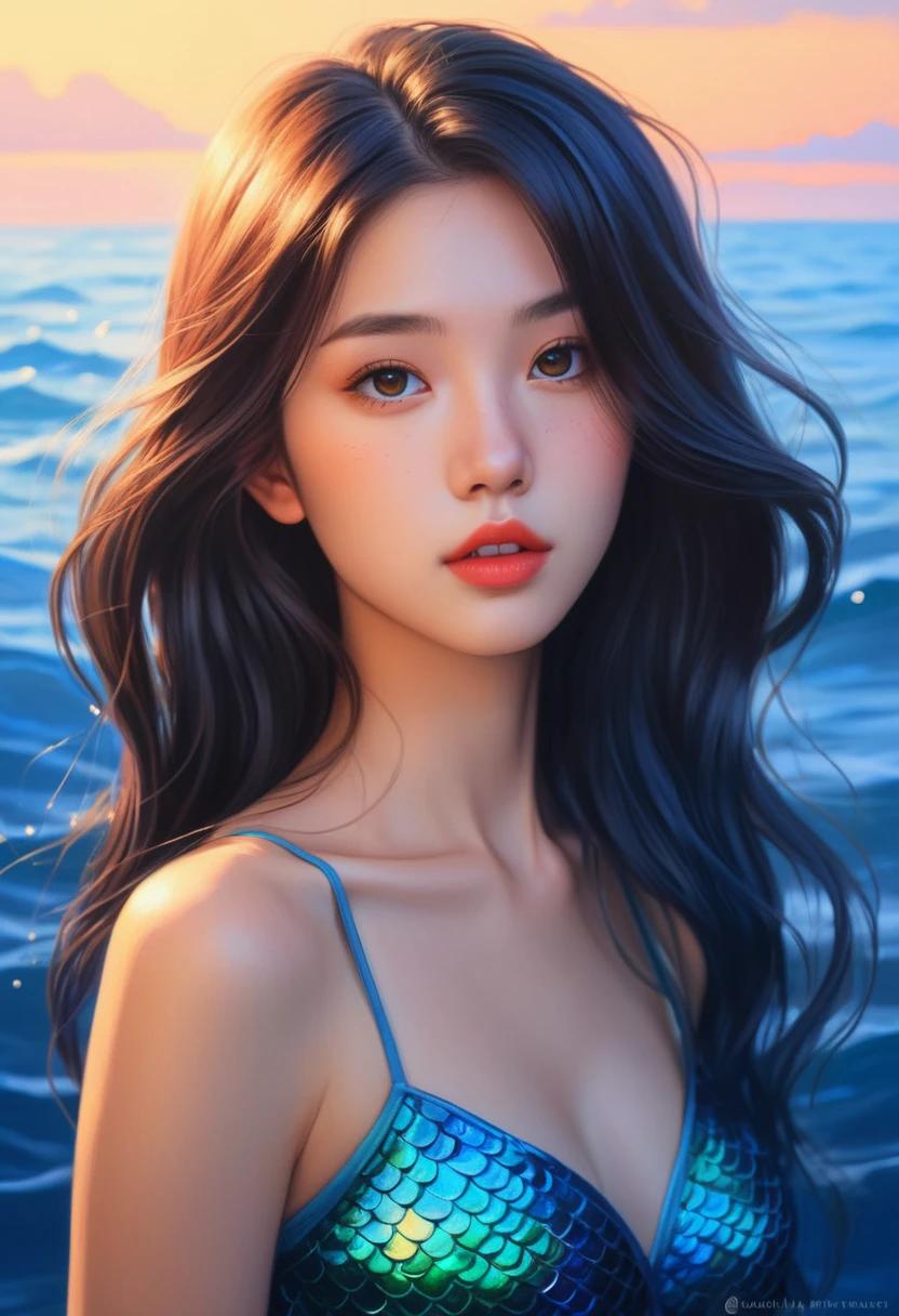 Oil painting style, Portrait of Elizaton as a mermaid , Realistic Shading, fine details. Night setting. Very anime style. Realistic shaded lighting poster by Ilya Kuvshinov katsuhiro, Magalie Villeneuve, art manure, Jeremy Lipkin and Michael Gamache, Rob Rey and Kentar Miura style, Trends at Art Station