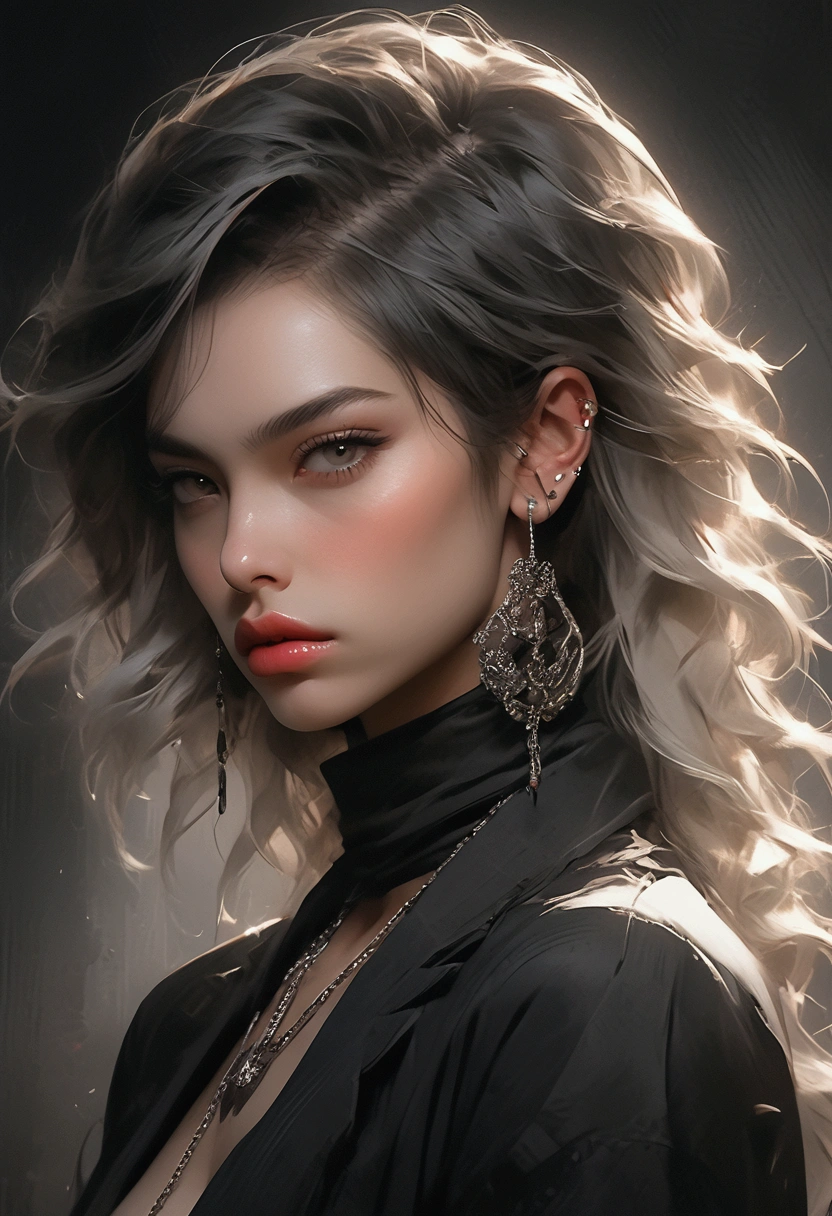 Different mood american woman with very long hair, showing clevage, clutched in black and goldtowel, wide angle in a black vintage bathroom, perfect anatomy, illustrative, painterly, detailed, UHD drawing, pen and ink, perfect composition, beautiful detailed intricate insanely detailed octane render trending on artstation, 8k artistic photography, photorealistic concept art, soft natural