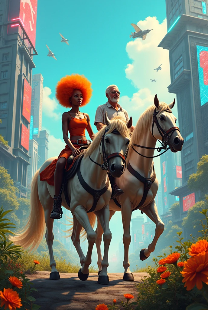a light-skinned black woman with orange afro hair riding a horse next to a thin man with straight hair also riding, they are both elderly people in a futuristic setting
