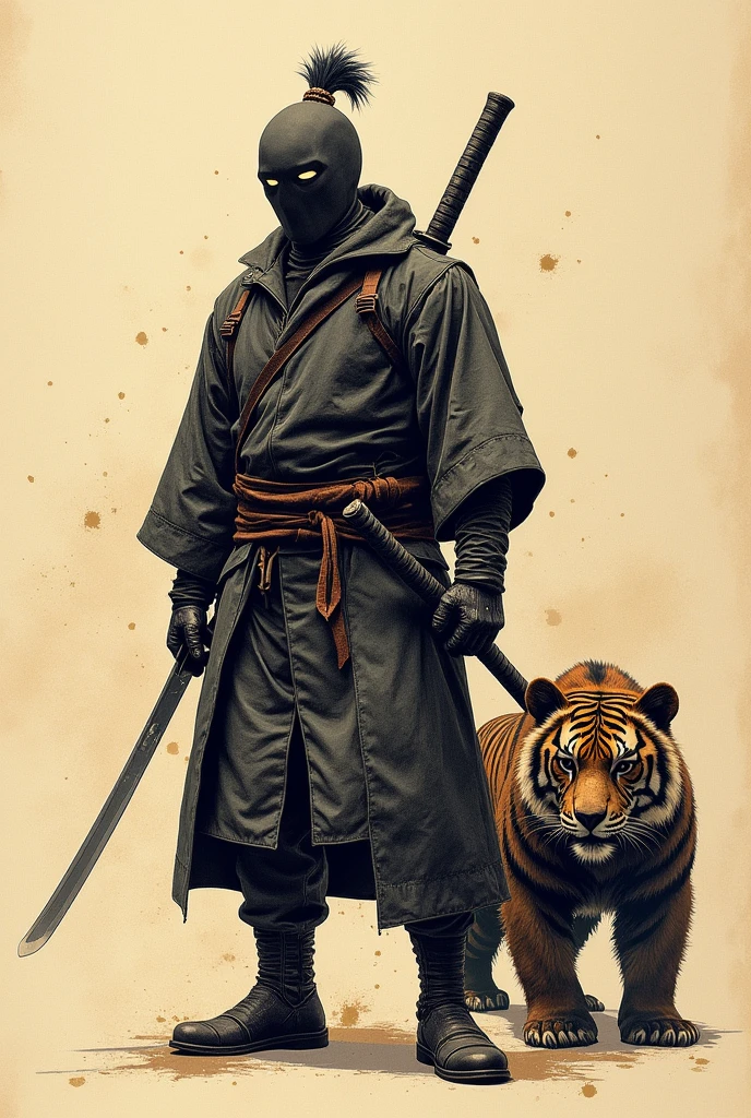 old book style ink illustration, on parchment, ink splashes, ink stains, ink smears, faded ink, samurai strong Dzungarian human, katana, coat, pantless, linquivera, bear, tiger, deadpool,