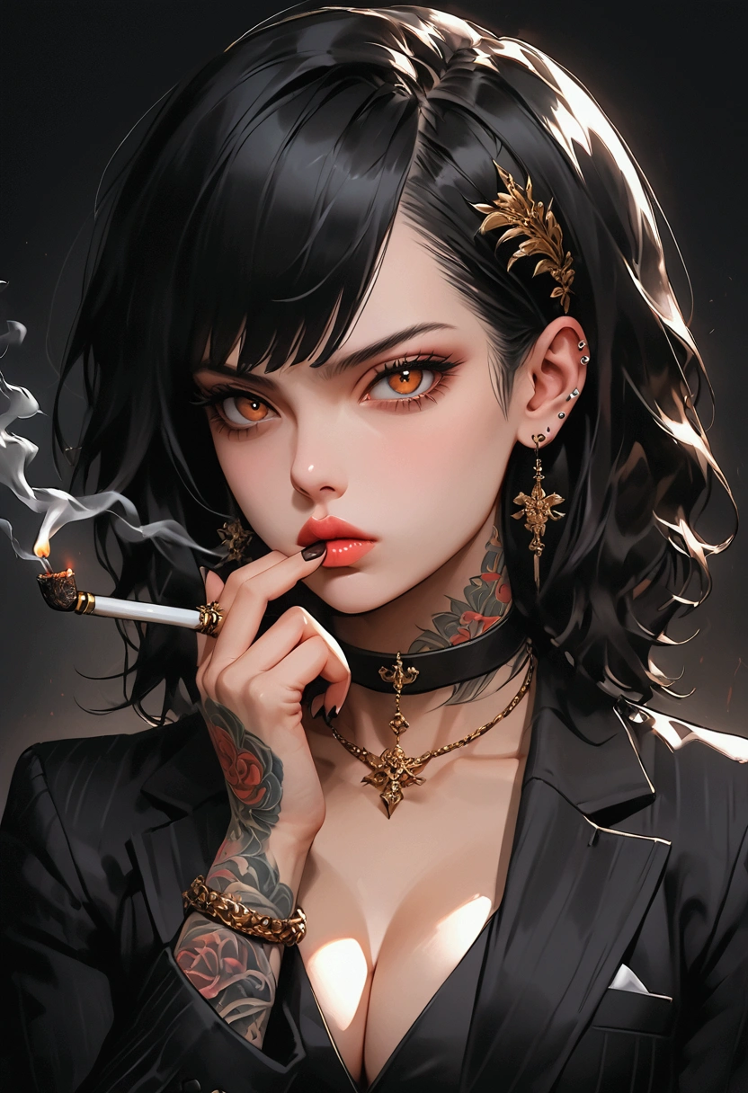 Realistic Digital Painting with Concept Art Elements"," digital painting," "concept art," "realistic," "high detail", "muscular",, "high-res", "ominous aura,", "8k resolution", "oil painting", "darker tone" , "dark saturation" ,"dark feeling", "concept art" , "detailed features" , "detailed eyes" , "1girl" , "cold eyes" , "brown eyes" , "Boss cut" , dirt blonde hair" , "tattooed bicep" , "feminine yet masculine charm" , "wrist bracelets" "choker" , "puckered lips" , "large size breasts" , "perfectly proportioned" , "short cut" , "black hair with tips painted redcolor" , "business suit", "yakuza boss" , "smoking a pipe" , "sitting on bed" , "angry impression" "smoking" ,