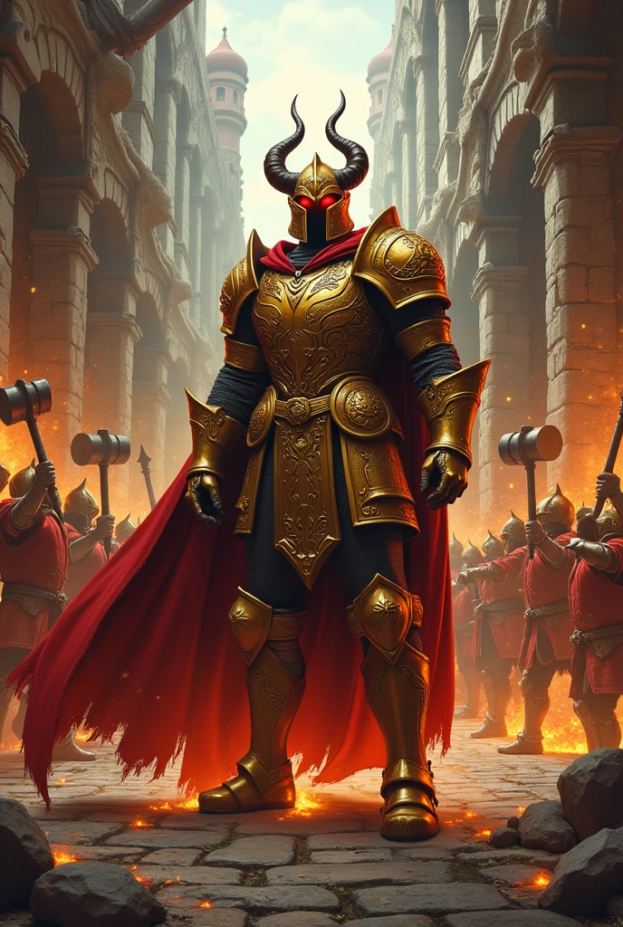 A man in armor stands in the hall with a sword, Full-body portrait of a magic knight, Ares in heavy armor and with a sword, Fantasy warrior clad in armor, The golden armor of the paladin,The helmet has devil's horns，Glowing blood red eyes，For Honor character concept art, knight in red armor, Grand Paladin's armor, Holy Crusade Medieval Knights，Full body photo, Multiple knights are destroying the building with hammers, The time is medieval Europe, Townscape of medieval Europe