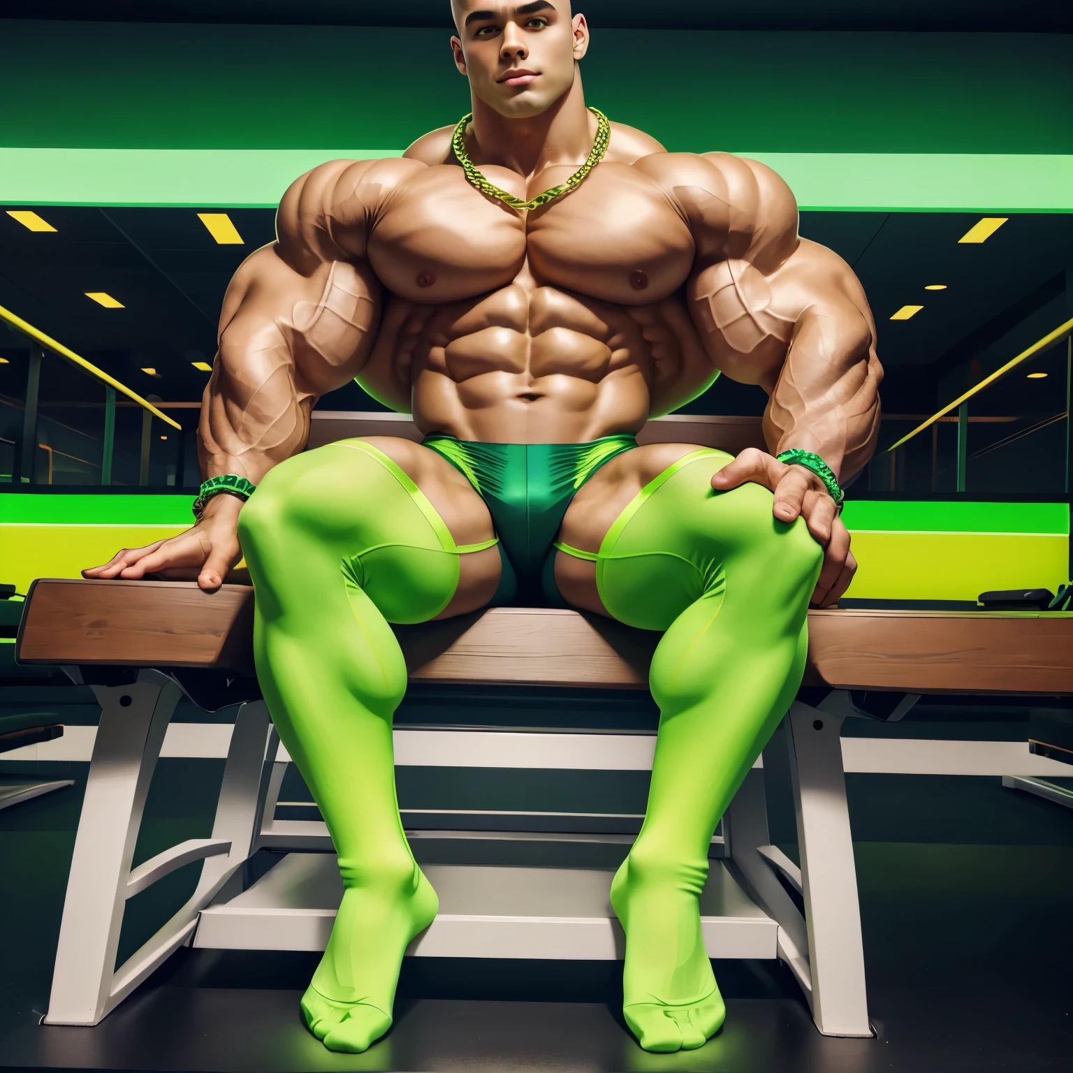 full view, full body, one handsome young artificially tanned white bald over-muscular man in neon-green nylon socks, shirtless wearing neon-green lycra leggings and neon-green sheer socks, no shoes, gold chains, bracelets, rings, arrogantly sitting on bench in his neon-green sheer socks next treadmill in gym, next other one very young and slim bodybuilder  admiring him. his neon-green sheer socks look silky and are visible on the foreground
