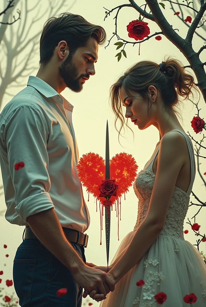 A beautiful and delicate image. Toxic love full of manipulation and deceit. Broken and betrayed heart. Sad man and woman stabbing each other in the back because of infidelity. 