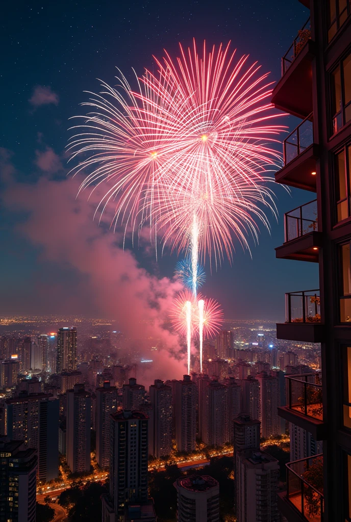 Huge fireworks bursting into the night sky、Night view、View from the balcony of a high-rise apartment、8k