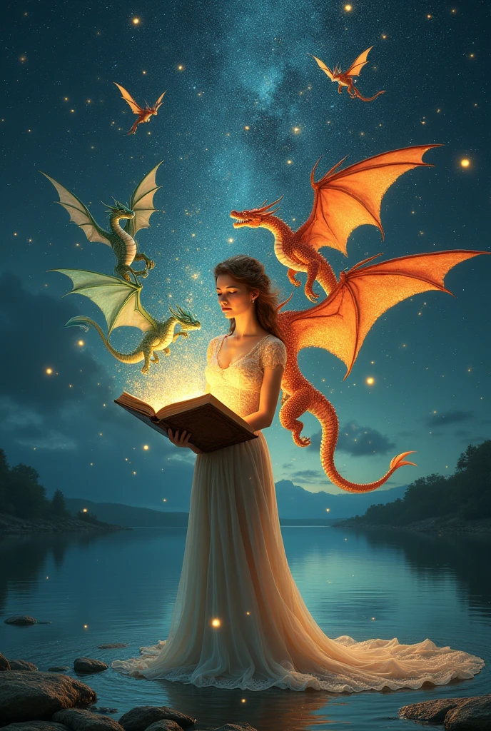A woman holding a book from which dragons are flying out with the background of a lake and stars in the sky and fireflies around her