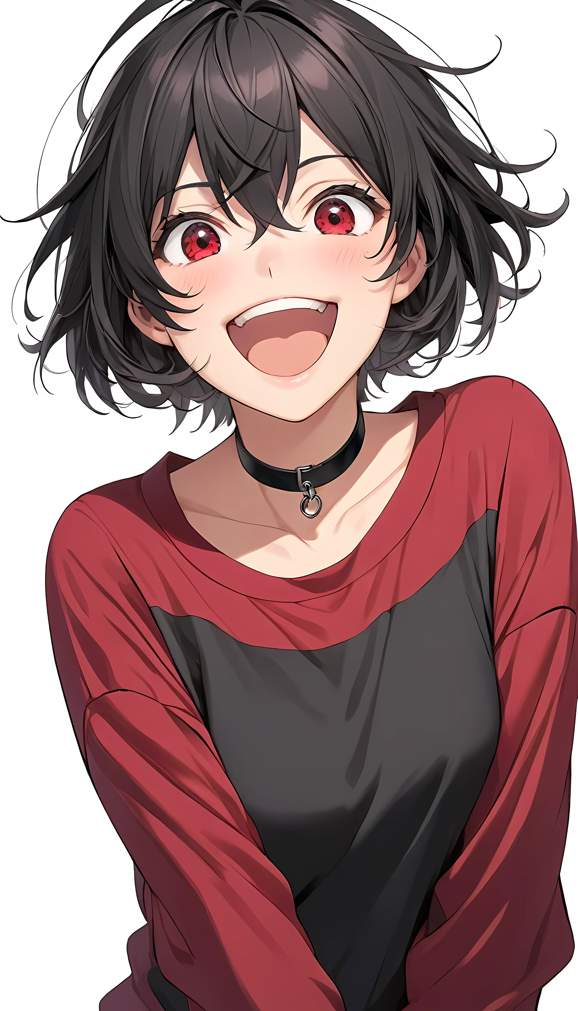 High-resolution anime digital art, Masterpiece, upper body, tomboy, mature, sexy, smart, short hair color pitch black, real detail eyes pupil red, long sleeve red plain shirt, black chokers, Standing Happy face excited (simple background, white background)