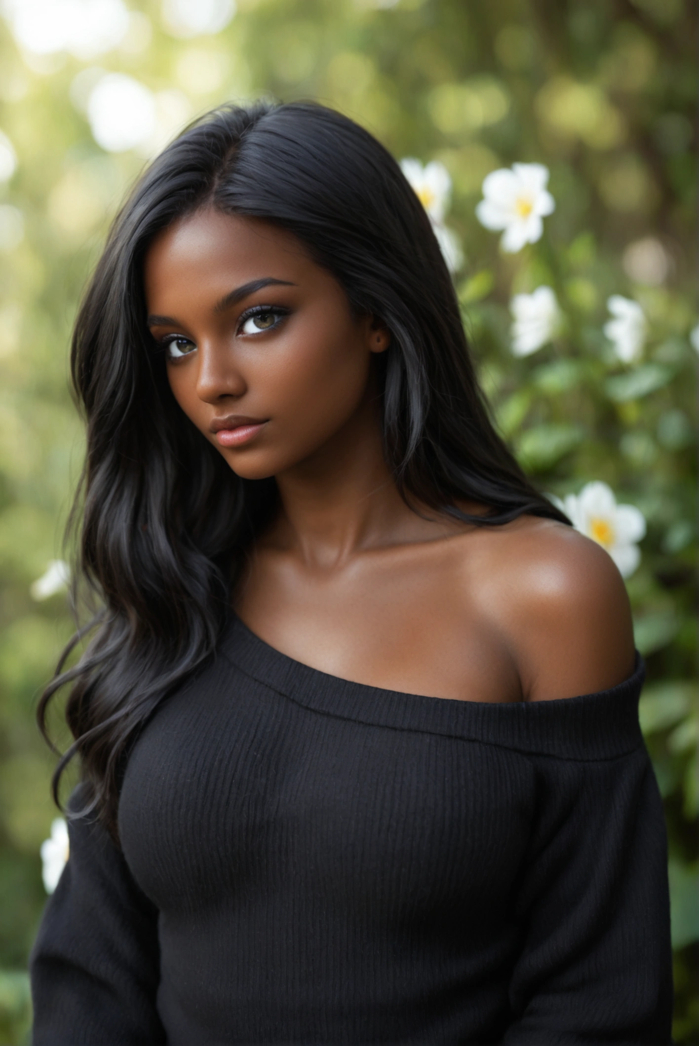 Upper body shot, ((beautiful black woman with flawless dark skin)), long hair with blue gradient shine, clearly defined facial features, big detailed eyes, ((( wearing an off the shoulder sweater))) bright flowers in the background, masterpiece, best high quality image,96k, HD, depth of field, 1080P wallpaper, Stand out, Character focus, high quality, incredibly detailed, UHD image quality in the style of Diego Gravinese