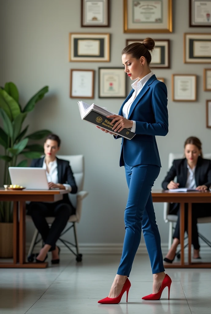 (photorealism:1.2), 4 slim women at office working professionally ,1 wearing red high heel knocking her heels at floor while thinking her dress is white shirt with blue blazer on it and Deen pent with airish makup look other 2nd wearing black business outfit with red lipstick and bun having office files in hands and thinking,that upper file had written a " state currency exchange" on it,with a logo of rolling wheel on it.she had a soft glowing makeup look. Two girls are in back ground working on laptop gave them a blurry image like they are little far away.make scenery off-white and grey combo walls having multiple awards collection photos on it,gave it a classical office environment.little bit of indoor plants