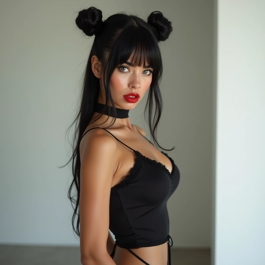 19-year-old Latina , ,grey eyes , the most beautiful woman in existence, influencer, perfect body posing in sexy clothes,in a minimalist room the most beautiful face of a woman, black hair, two buns and straight bangs,bright pupils, naughty face, red lips, hyperrealism, depth of field, UHD, masterpiece, high details, highres boudoir photography