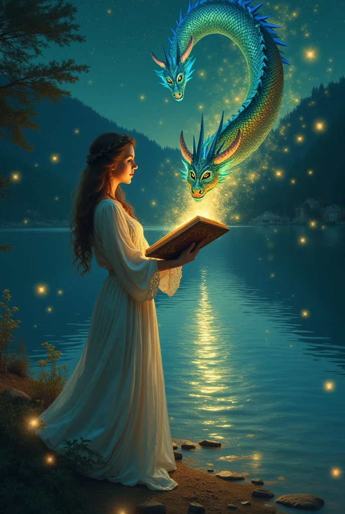 A woman holding a book from which dragons are flying out with the background of a lake and stars in the sky and fireflies around her
