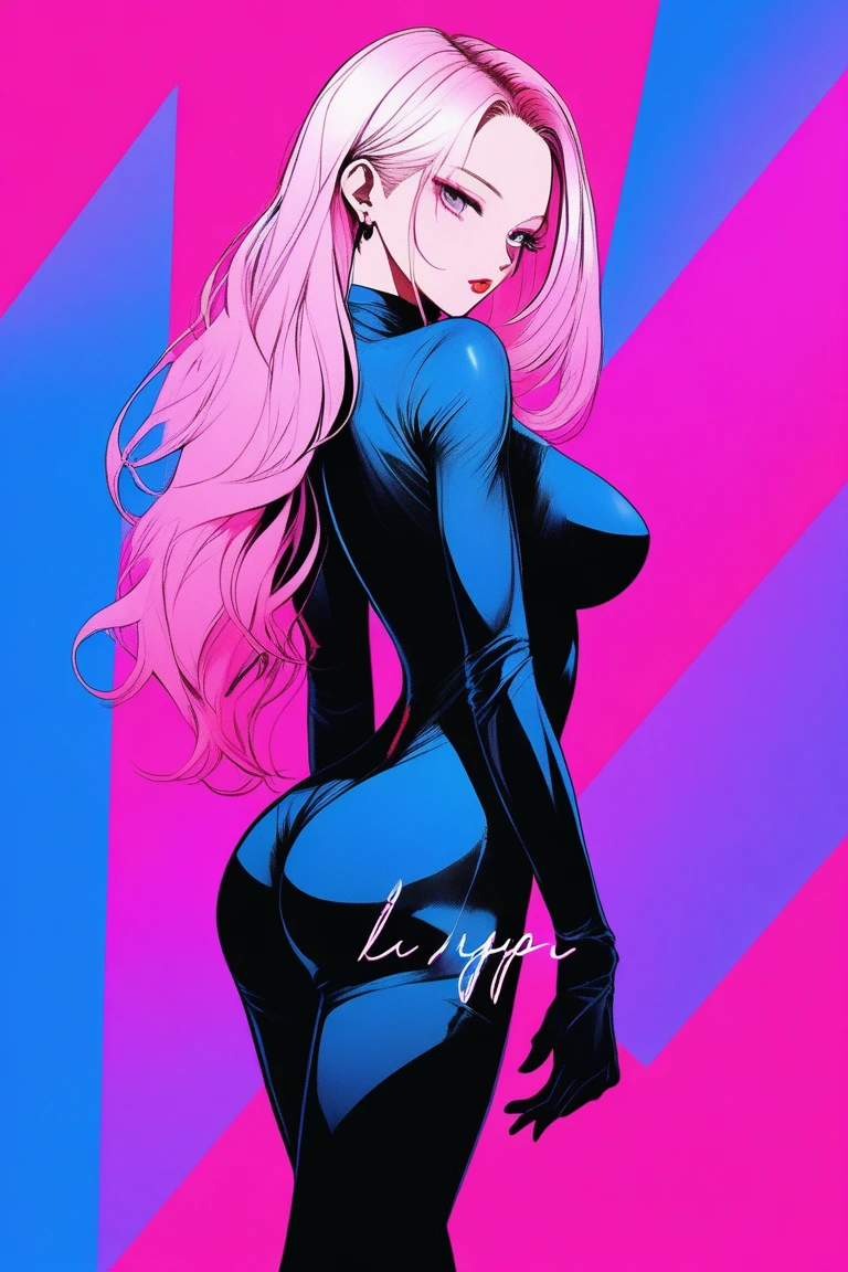 Illustrator, anime , Realistic ,sketch , 1 person, model, Age 25, lip, A revealing black bodysuit, A revealing black jumpsuit, order, Blue and pink gradient background, Neon Medium Hair, Big Breasts, Her cleavage is visible, look back, Upper Body, Sexy look, Texture Trim, Canadian, (masterpiece,Highest quality)