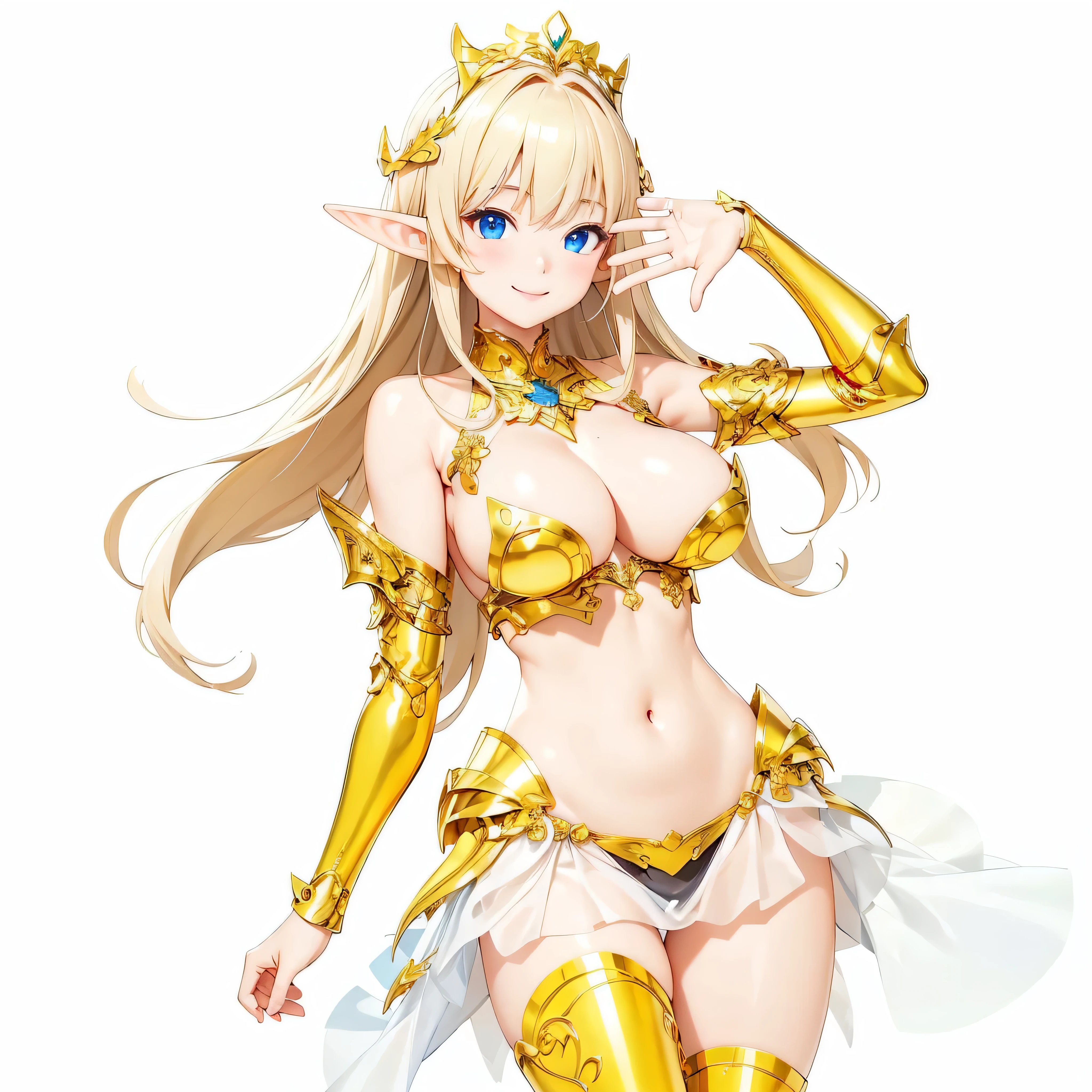 Highest quality、Very detailed、High resolution、16k、Thin contours、耳の長いElf、Nipples are visible、Shining golden armor、Gold bikini armor、Very large breasts、Extremely transparent skirt、Wearing black pants、chest proportion、Smile of the Goddess、Very white skin、Beautiful fingers、Perfect Style、Elf、No bra、Blonde hair and blue eyes、Cool smile