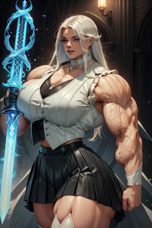 (((Close-up))), tall, (White hair) beautiful muscular woman, long straight hair, light brown skinned, large breast, closed smile, (black lipstick), (massive muscles), (hyper muscle), ((ginormous bulky muscles)), glowing blue eyes, (((white leather vest))), (((long pleated skirt))), (carrying a white fire sword), choker, boots, in a mystical school,