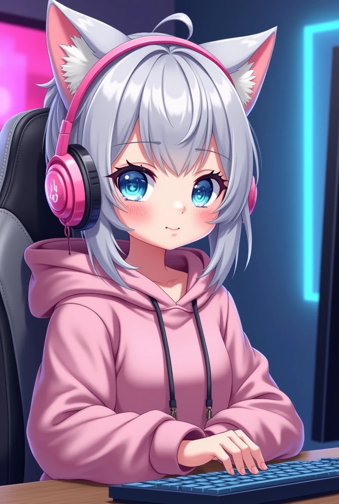 Avatar for a video call. We see a cute
catgirl in pink headphones and a big hoodie sitting on a computer chair. Ashy hair. Sitting up straight. We sit across from her. Only her upper body is visible, as if she's doing a video broadcast. Add freckles to her. Blue eyes with sparkles. Approximate age of the girl is 18-22 years old. Anime style