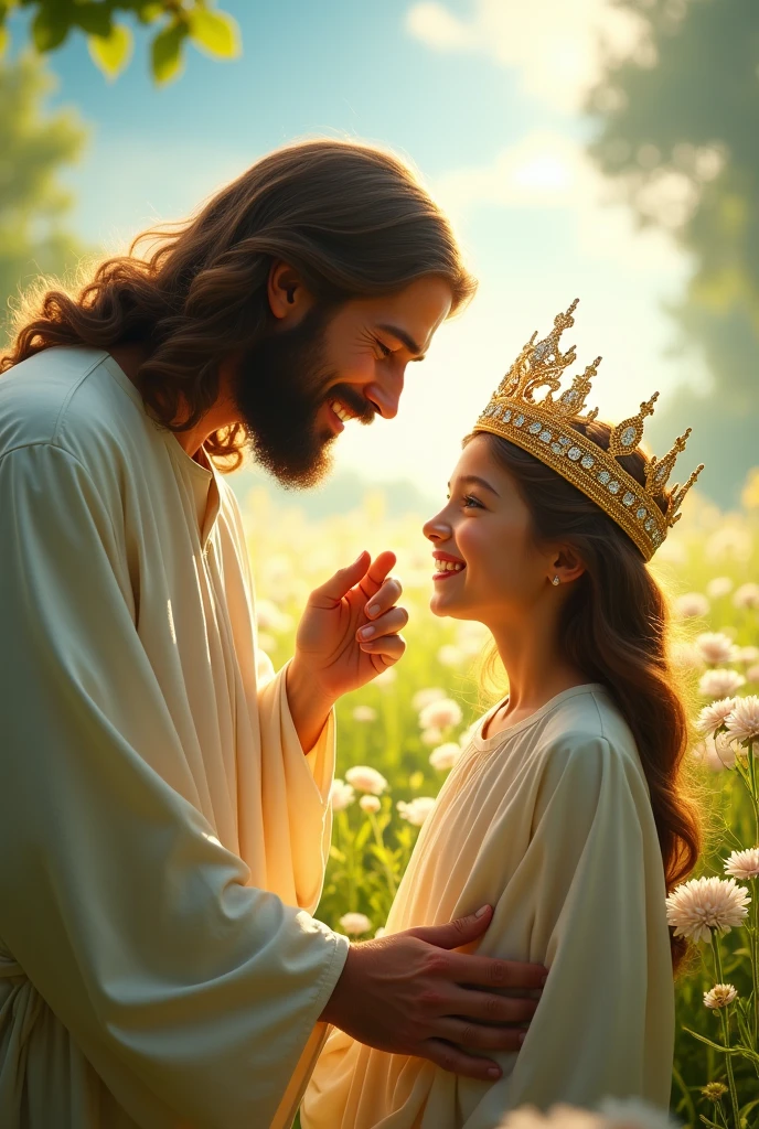 Various high-resolution 4k images of Jesus placing a beautiful golden crown on a girl with different styles