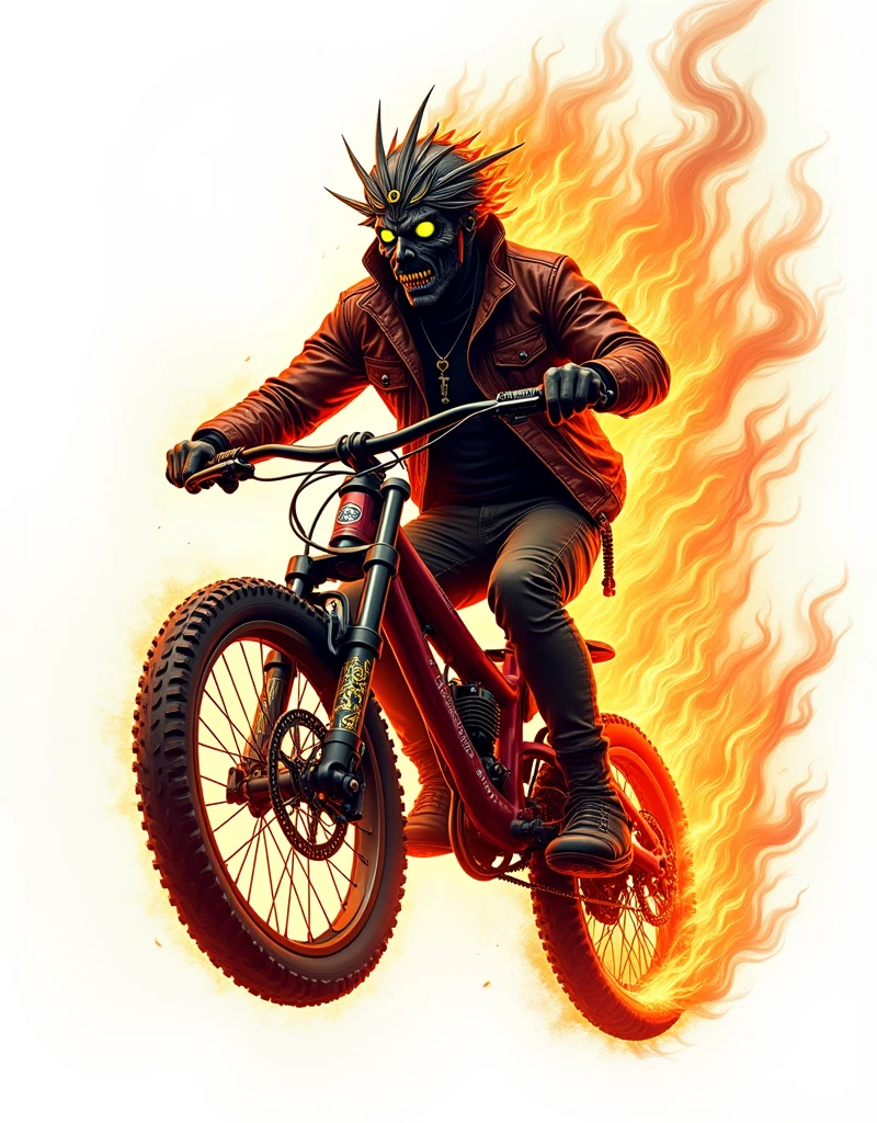 ([negative space:0.8:1.5]), A scary ghost，It embodies the essence of a fearless Mountain bike rider，The whole body is soaked in illusory flames，Emerges from a dramatic and slightly eerie Indian backdrop。Ethnic motifs、Symbols and Indian architectural elements should be clearly visible in the scene，subtly hinting at the geographical origin of the Ghost Mountain bike rider。The figure is wearing a worn leather jacket，Wearing a spiked helmet，astride a heavily modified Mountain bike，the Mountain bike itself appears to be consumed by the same ghostly flames。The overall image should convey a supernatural feeling，in stark contrast to the undeniable love for rampant Mountain bike adventures，colorful cartoon-style illustration from an award winning animated movie, illustrated in bold outlines, showcasing its colors and shapes. The character is depicted adorned colorful energy against a white background, colorful cartoon-style illustration from an award winning animated movie, illustrated in bold outlines, showcasing its colors and shapes. The character is depicted adorned colorful energy against a white background, [mythical creature:0.8]