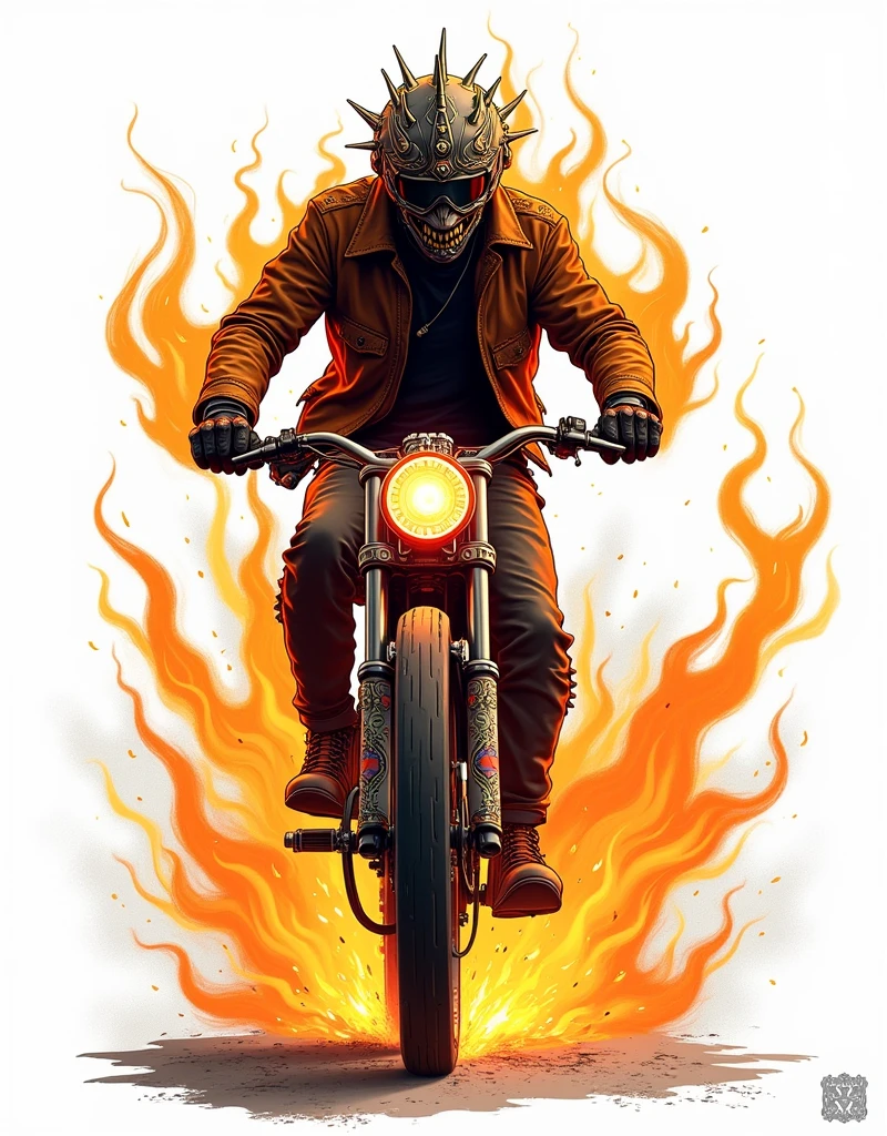 ([negative space:0.8:1.5]), A scary ghost，It embodies the essence of a fearless Mountain bike rider，The whole body is soaked in illusory flames，Emerges from a dramatic and slightly eerie Indian backdrop。Ethnic motifs、Symbols and Indian architectural elements should be clearly visible in the scene，subtly hinting at the geographical origin of the Ghost Mountain bike rider。The figure is wearing a worn leather jacket，Wearing a spiked helmet，astride a heavily modified Mountain bike，the Mountain bike itself appears to be consumed by the same ghostly flames。The overall image should convey a supernatural feeling，in stark contrast to the undeniable love for rampant Mountain bike adventures，colorful cartoon-style illustration from an award winning animated movie, illustrated in bold outlines, showcasing its colors and shapes. The character is depicted adorned colorful energy against a white background, colorful cartoon-style illustration from an award winning animated movie, illustrated in bold outlines, showcasing its colors and shapes. The character is depicted adorned colorful energy against a white background, [mythical creature:0.8]