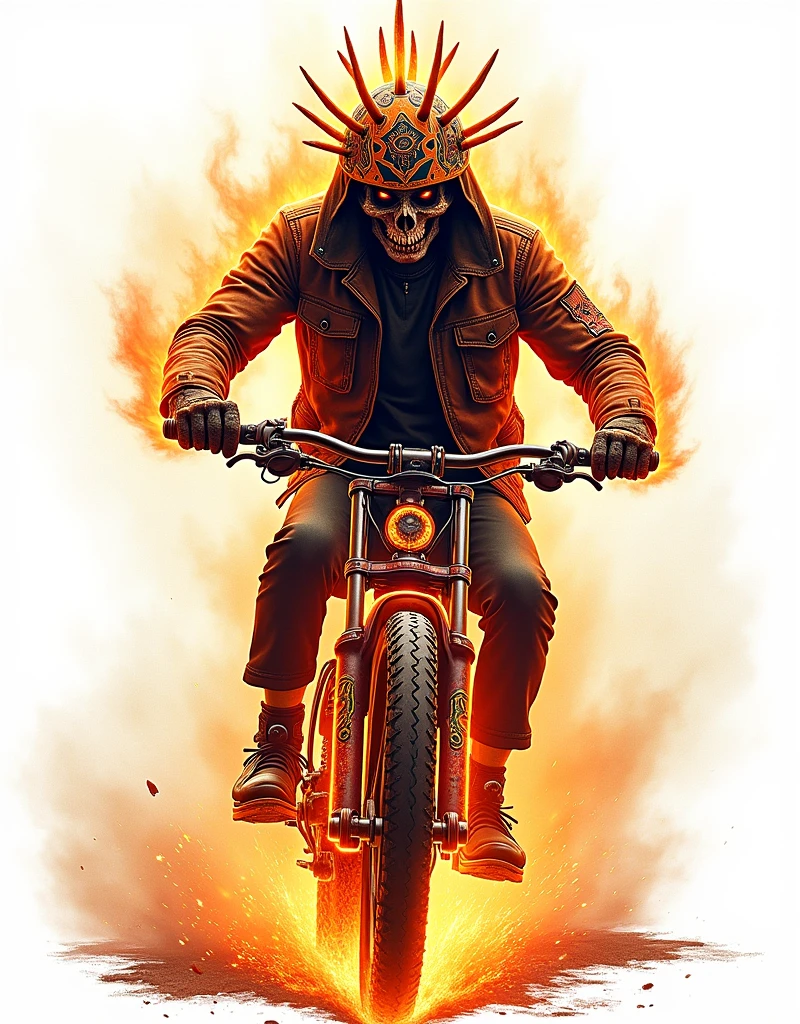 ([negative space:0.8:1.5]), A scary ghost，It embodies the essence of a fearless Mountain bike rider，The whole body is soaked in illusory flames，Emerges from a dramatic and slightly eerie Indian backdrop。Ethnic motifs、Symbols and Indian architectural elements should be clearly visible in the scene，subtly hinting at the geographical origin of the Ghost Mountain bike rider。The figure is wearing a worn leather jacket，Wearing a spiked helmet，astride a heavily modified Mountain bike，the Mountain bike itself appears to be consumed by the same ghostly flames。The overall image should convey a supernatural feeling，in stark contrast to the undeniable love for rampant Mountain bike adventures，colorful cartoon-style illustration from an award winning animated movie, illustrated in bold outlines, showcasing its colors and shapes. The character is depicted adorned colorful energy against a white background, colorful cartoon-style illustration from an award winning animated movie, illustrated in bold outlines, showcasing its colors and shapes. The character is depicted adorned colorful energy against a white background, [mythical creature:0.8]