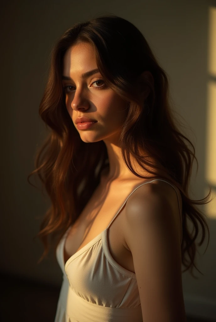 Girl with a sharp jawline, facing 45° from the viewer, wavy long hair, medium breast, nude