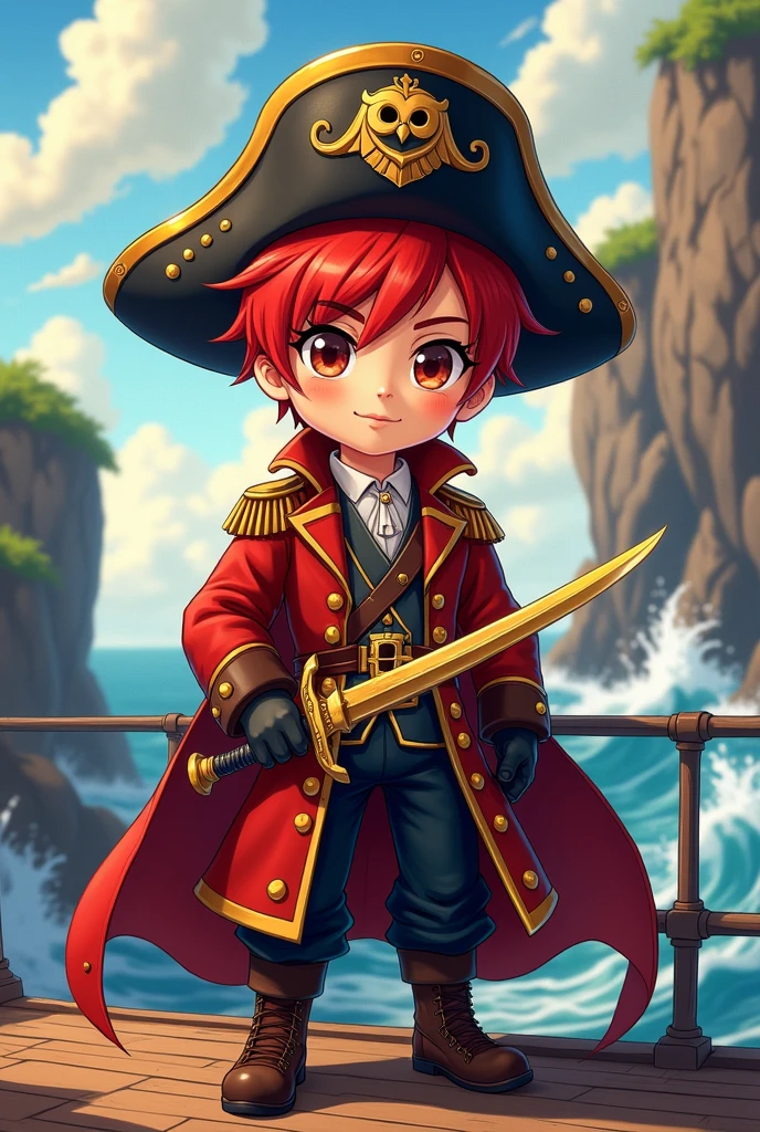 Chibi-e,boy , pirate king, 1 boy , red short hair , handsome , red milatary coat , gold sword , happy , owl symbol crest hat , slim body , mordern ship , mordern clothes, ultra detail ,no repeat item , rough nature 
