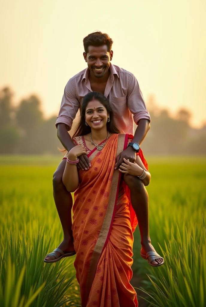 Create a realistic photograph of a smiling and beautiful indian village hot woman in silk sare is carrying a large stout man on her shoulder , in a paddy farm, man is sitting on top of her shoulder , man on top, woman standing at bottom 