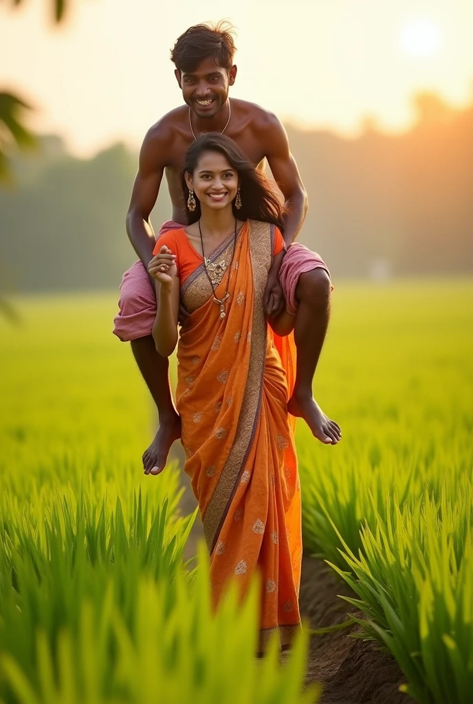 Create a realistic photograph of a smiling and beautiful indian village hot woman in silk sare is carrying a large stout man on her shoulder , in a paddy farm, man is sitting on top of her shoulder , man on top, woman standing at bottom