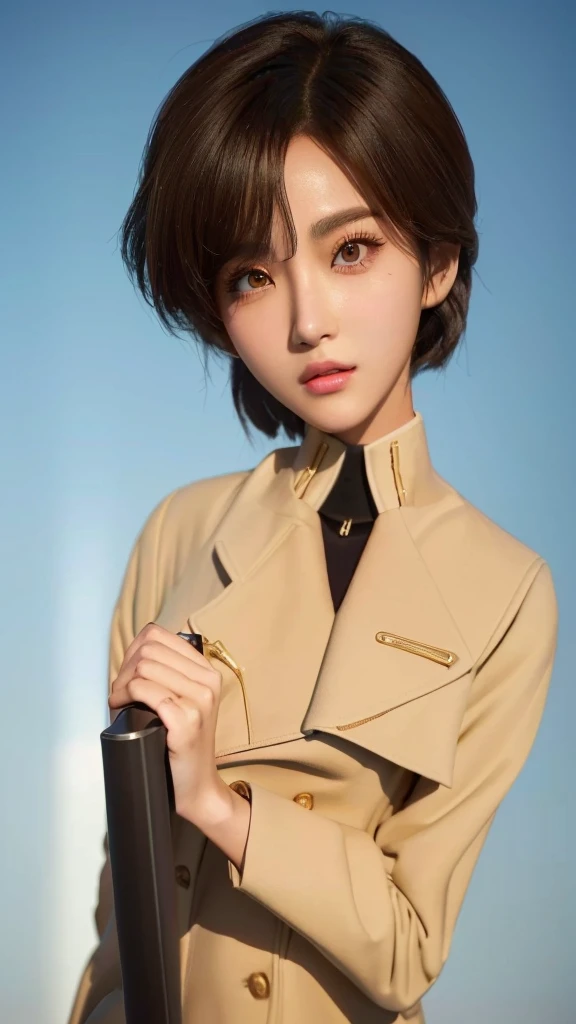 A tanned woman in a coat posing for a photo, Realistic Anime 3D Style, Short Hair, Sailor suit with loose coat collar, honest shinkai ( Apex Legends ), Cai Xukun, honest shinkai. Digital Rendering, Chihiro! fujisaki, Trending on cgstation, realistic young anime, Inspired by Yanjun Chen, honest