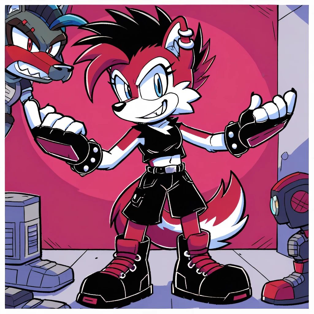 Custom avatar, cybrog red wolf character, wearing black shorts, and wearing 1980s punk clothes, in the cyberspace, cgi backround, surrounded by junk,