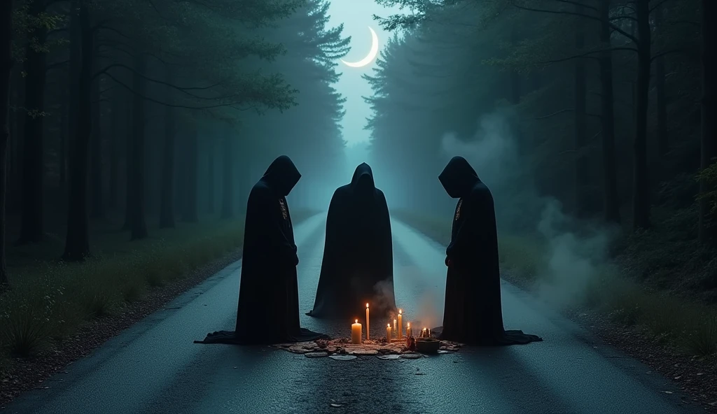 Three men doing black magic on the road at night death on road scene