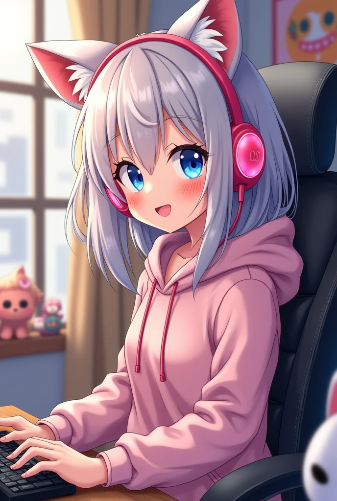 Avatar for a video call. We see a cute
 catgirl in pink headphones and a big hoodie sitting on a computer chair. Ashy hair. Sitting up straight. We sit across from her. Only her upper body is visible, as if she's doing a video broadcast. Add freckles to her.  Blue eyes with sparkles. Approximate age of the girl is 18-22 years old. Anime style