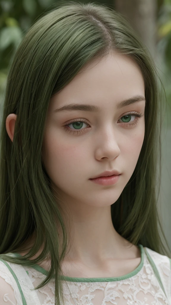 portrait of a girl. european. extremely detailed face. delicate features. oval face. long face. droopy. seductive. half-closed eyes. green eyes. long straight hairstyle. green hair. sad. shy