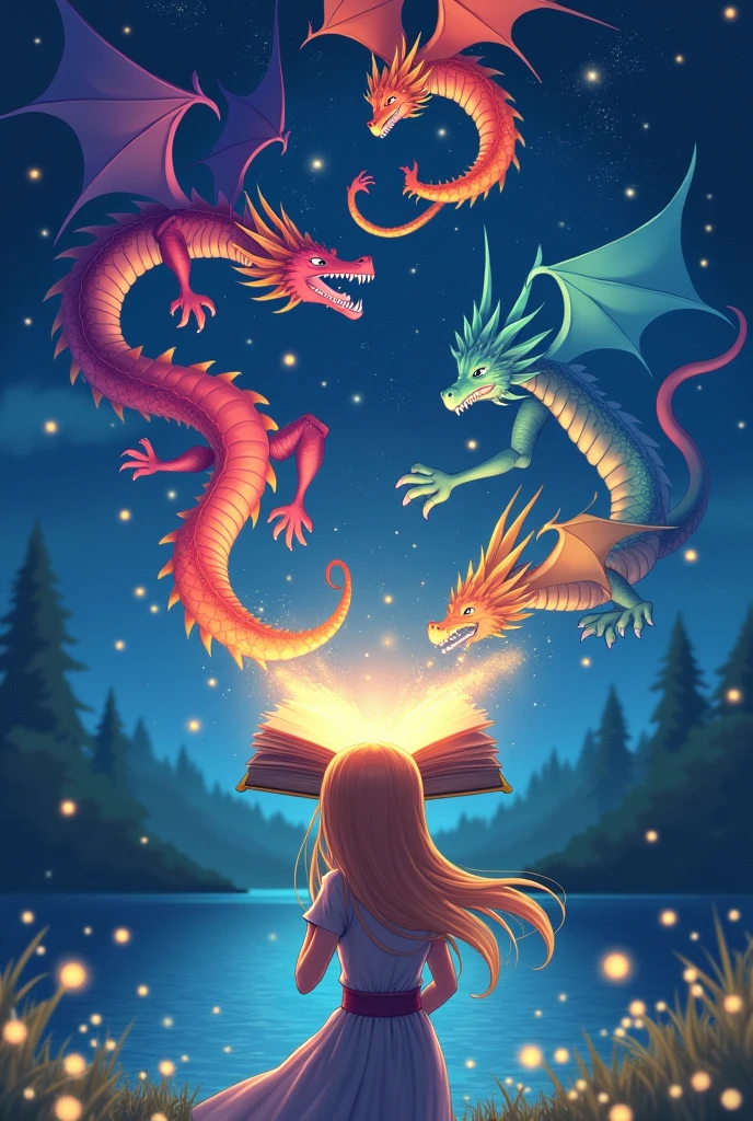 A woman holding a book from which dragons are flying out with the background of a lake and stars in the sky and fireflies around her
Make it an anime