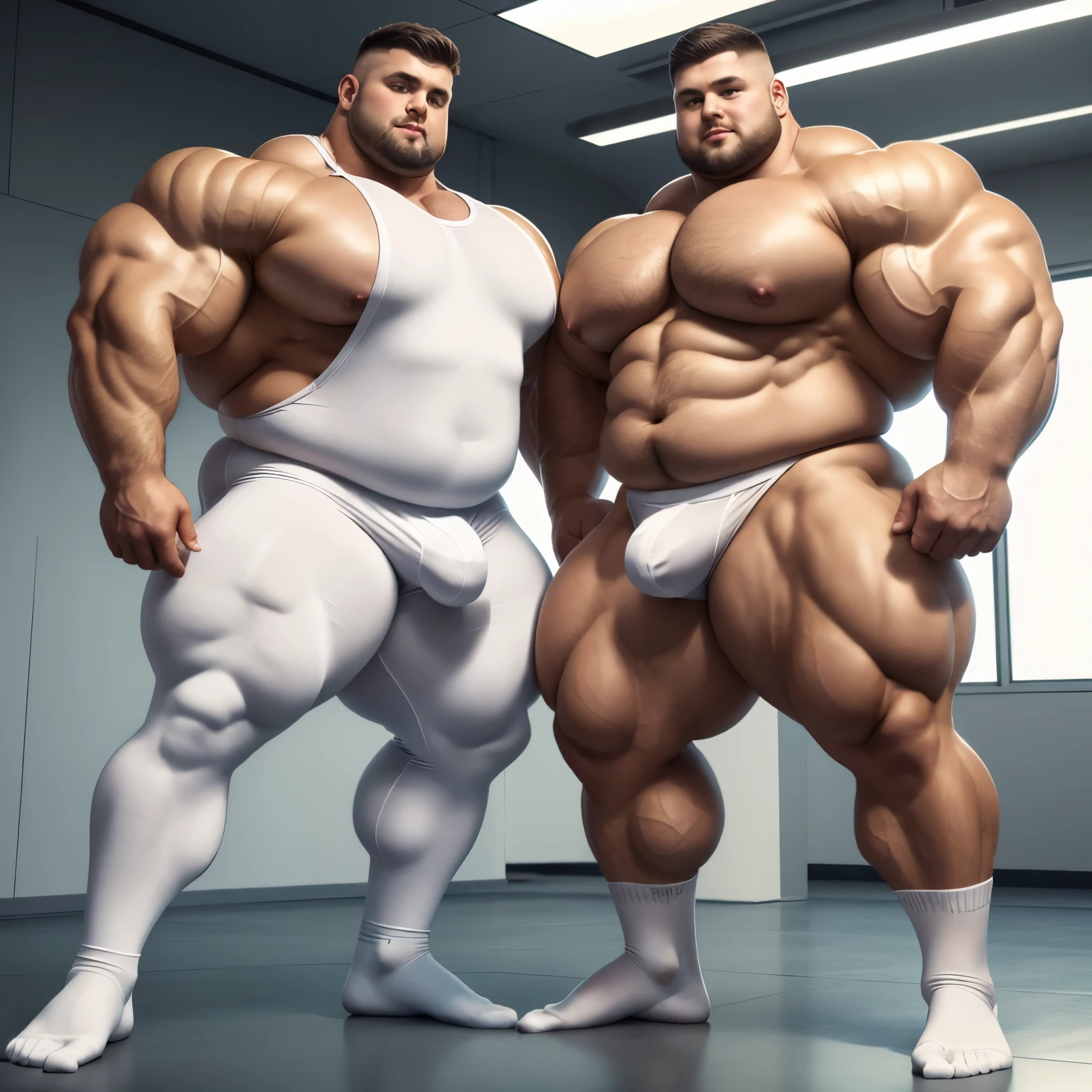 HQ photo, detailed faces, full body view, two shirtless beerbellied over-muscular bloated white european heavyweights males with undercut clean haircuts, lycra jumpsuits, in white pro sheer socks , overfed like obese gorets, over-muscular and fatly obese, posing flexing over-inflated triple-biceps . their pecs and bulges are touching. Their socks must be seen