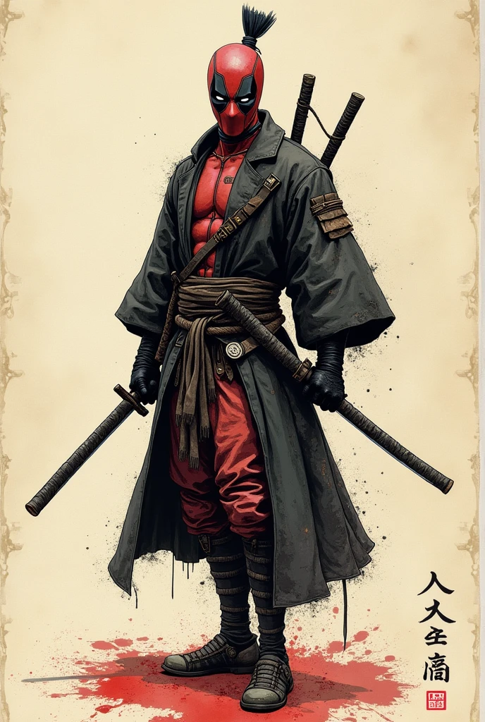 old book style ink illustration, on parchment, ink splashes, ink stains, ink smears, faded ink, samurai strong Dzungarian human, katana, coat, pantless, linquivera, fleshy tiger, deadpool, 
