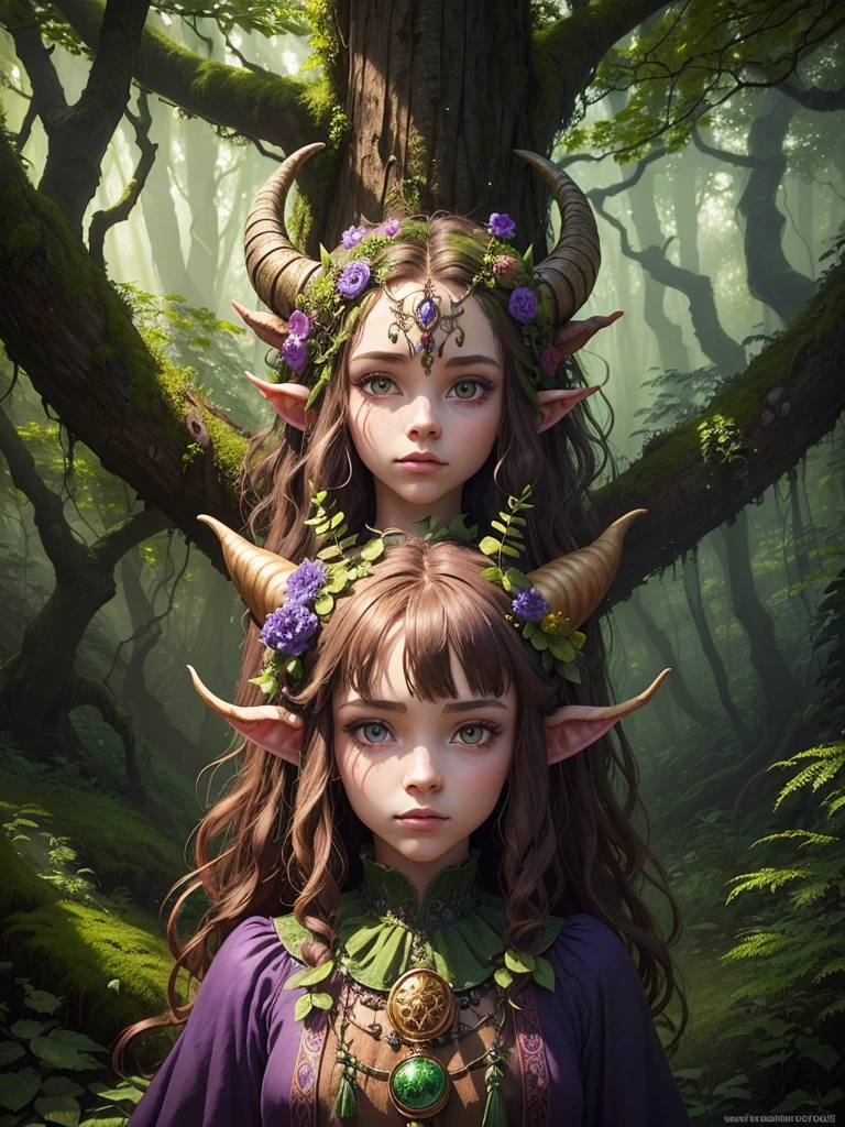 ((best quality)) , ((masterpiece)) , (detailed),A whimsical, anthropomorphic tree with a face and horns adorned with colorful foliage. Mystical forest setting with lush greenery and mystical elements. Earthy tones of browns and greens, with hints of purple and blue from the foliage. Digital art with an imaginative, fantasy-inspired aesthetic.